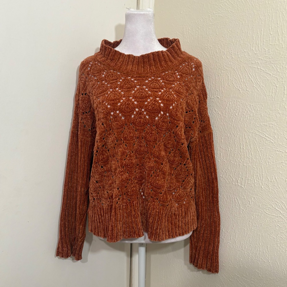 Rust Orange Chenille Pointelle Knit Mock Neck Sweater Boho Fall Rustic Witchy XL